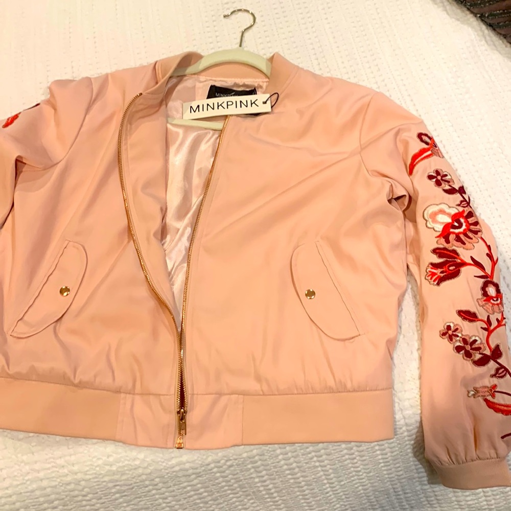 MINKPINK satin bomber jacket with floral embroidery